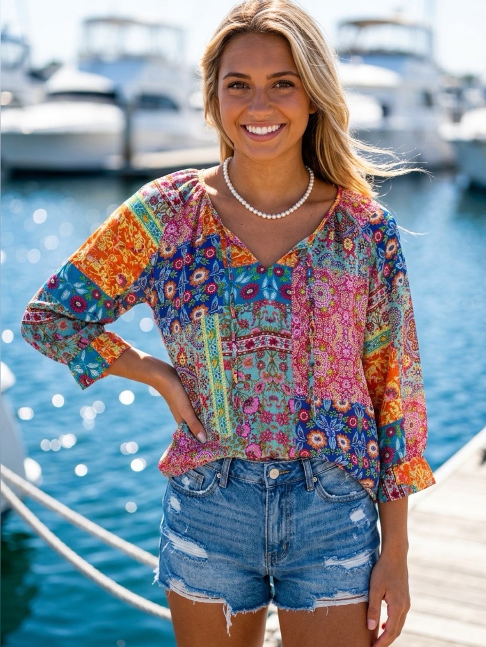 Sunny Leigh Multicolor Patchwork V-Neck Tunic